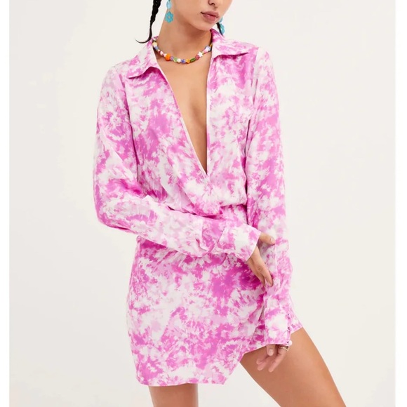 For Love & Lemons NWT Small Pink Tie Dye Devon Shirt Mini Dress Party Cocktail - Picture 1 of 8